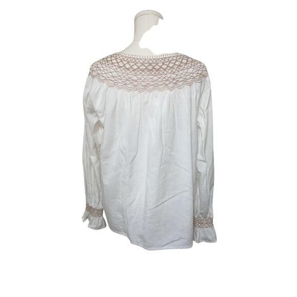 Faherty Small White Tan Peasant Boho 100% Organic Cotton Laura Embroidered Shirt - Picture 5 of 7